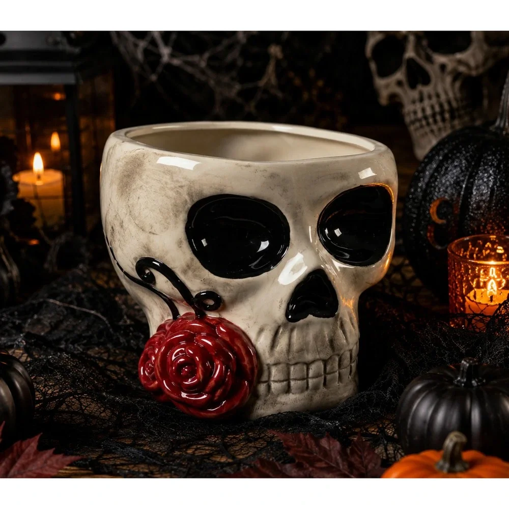 Midnight Spell Skull Planter OS Ivory Red New Gothic Halloween Ceramic Decor